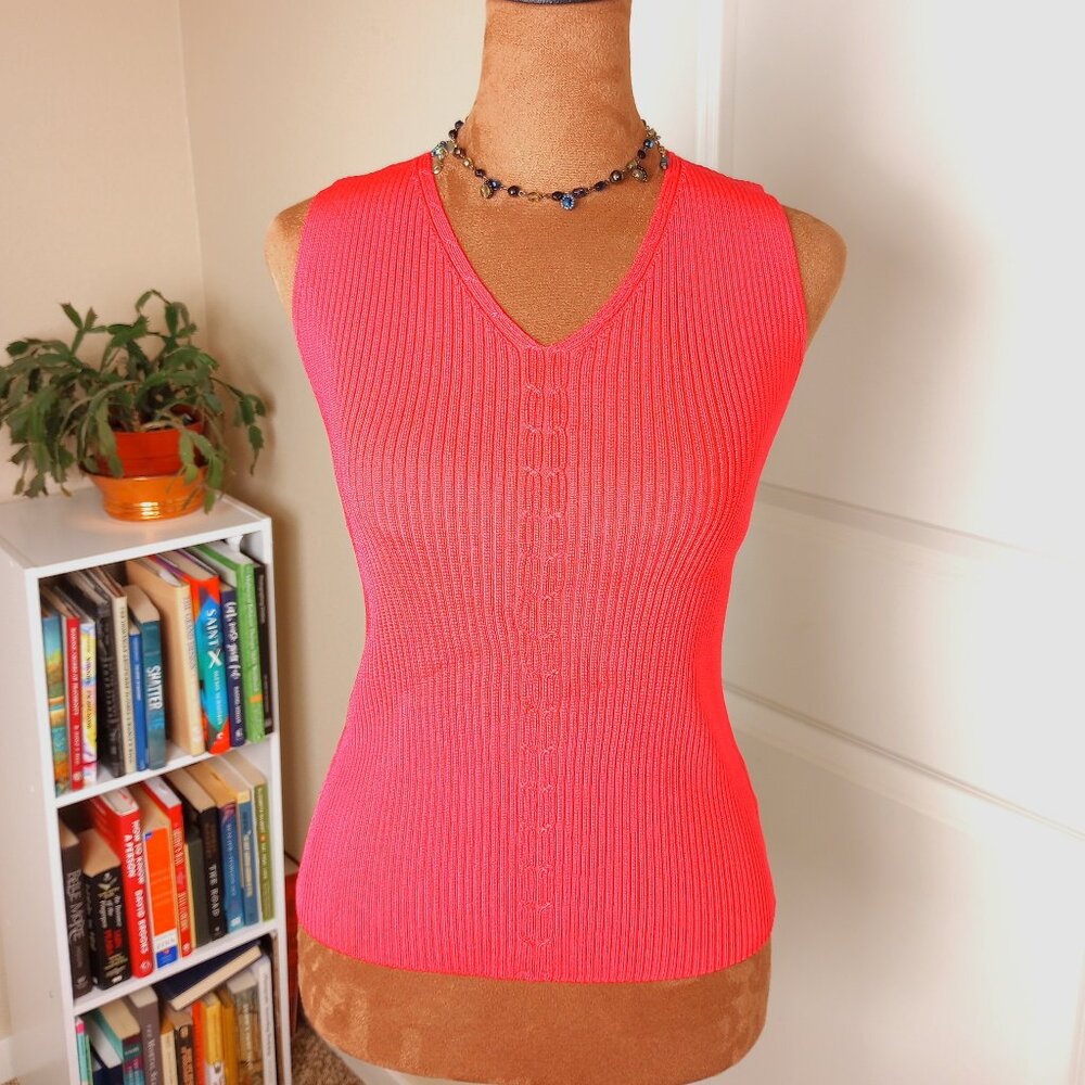 Vintage 90s Coral Pink Ribbed Bodycon Knit Tank Top Minimalist Silk Jones NY